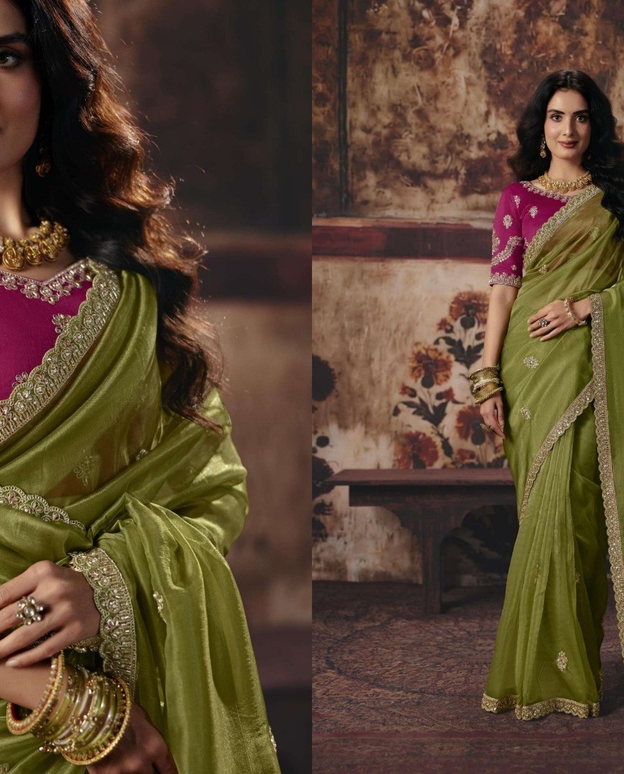1008 - Green & Pink Designer Style Festive Wear Saree